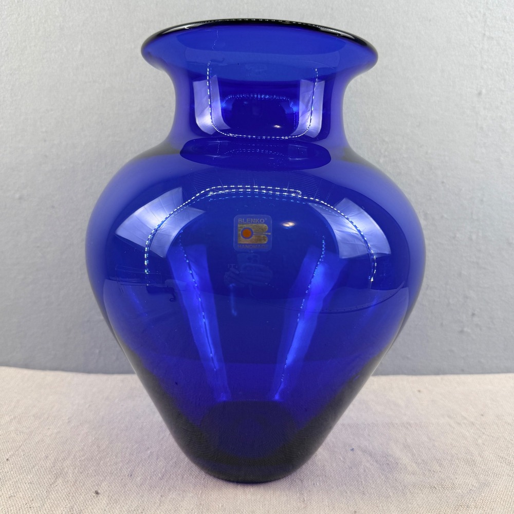 Blenko‎ 8420s Cobalt Blue Glass Urn Vase 12" MCM Sticker